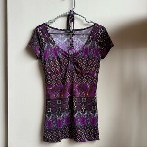 Purple Patterned Short Sleeve Women's Top